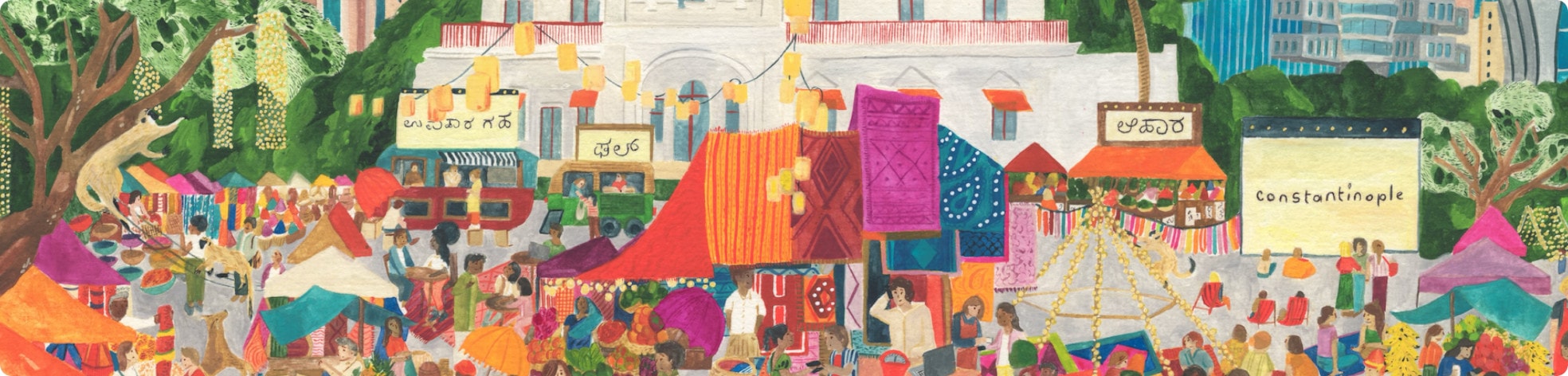 Artwork of a bustling bazaar